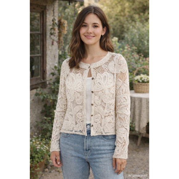 Womens Lace Crochet Cardigan Sz S Cream Floral Cottage Boho Shabby Chic Coquette - Picture 8 of 8